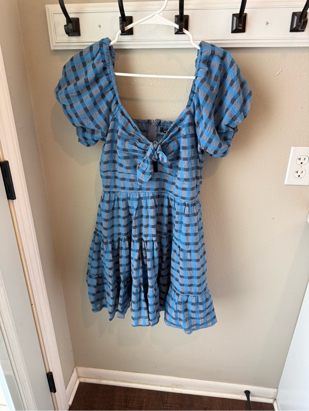 Women’s  Trixxi Blue  Plaid Puff-Sleeve Dress with Front Tie